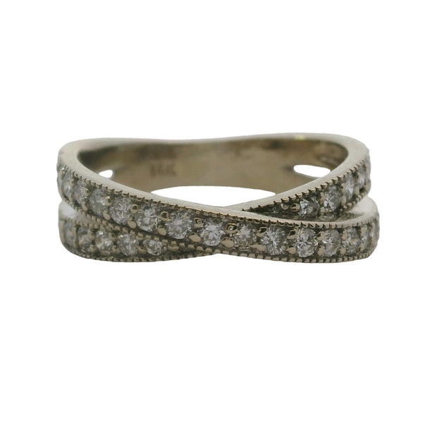 Solid 14kt White Gold and Diamond Crossover Milgrain Band Ring Size 6