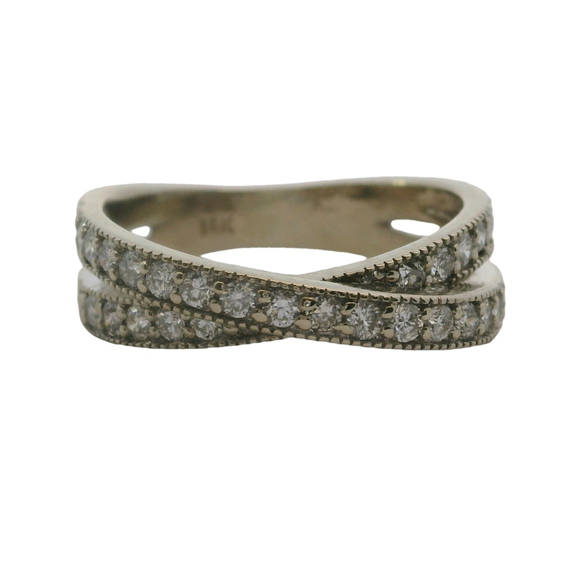 Solid 14kt White Gold and Diamond Crossover Milgrain Band Ring Size 6
