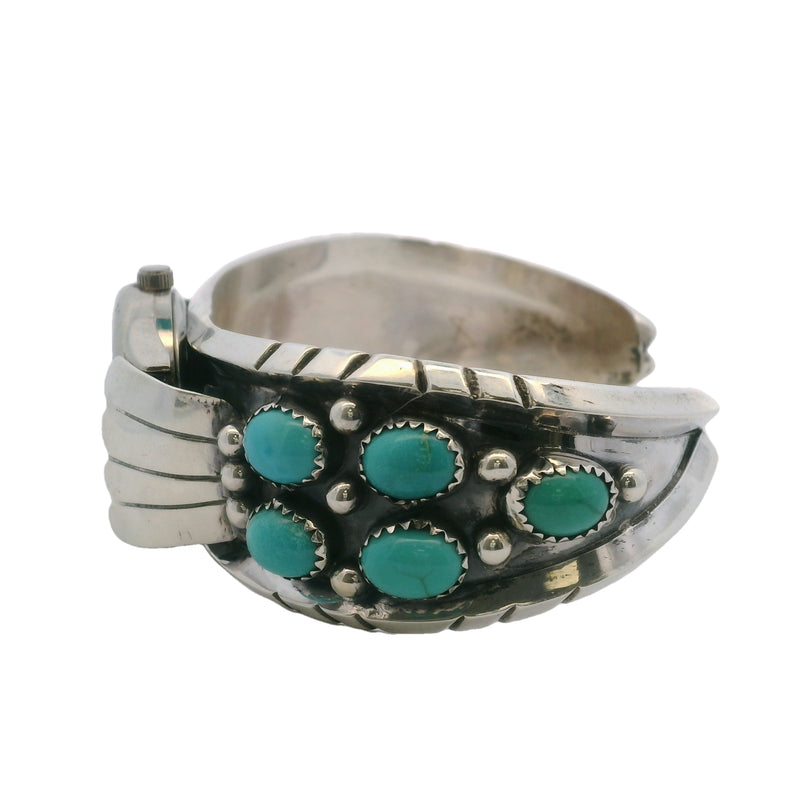 Rose Castillo Navajo 925 Sterling Silver and Cabochon Turquoise Cuff Watch Bracelet