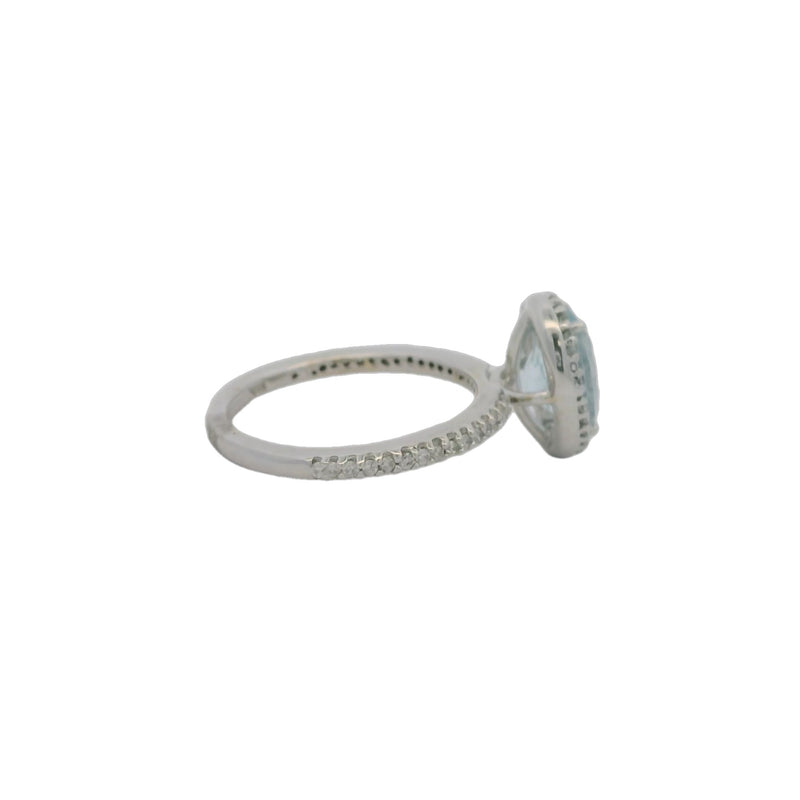 EFFY 14kt White Gold Aquamarine Oval Solitaire with Diamond Halo and Sides Size 7