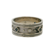 Solid 14kt White Gold Diamond and Sapphire 10mm Wide Rope Detail Band Ring Size 11