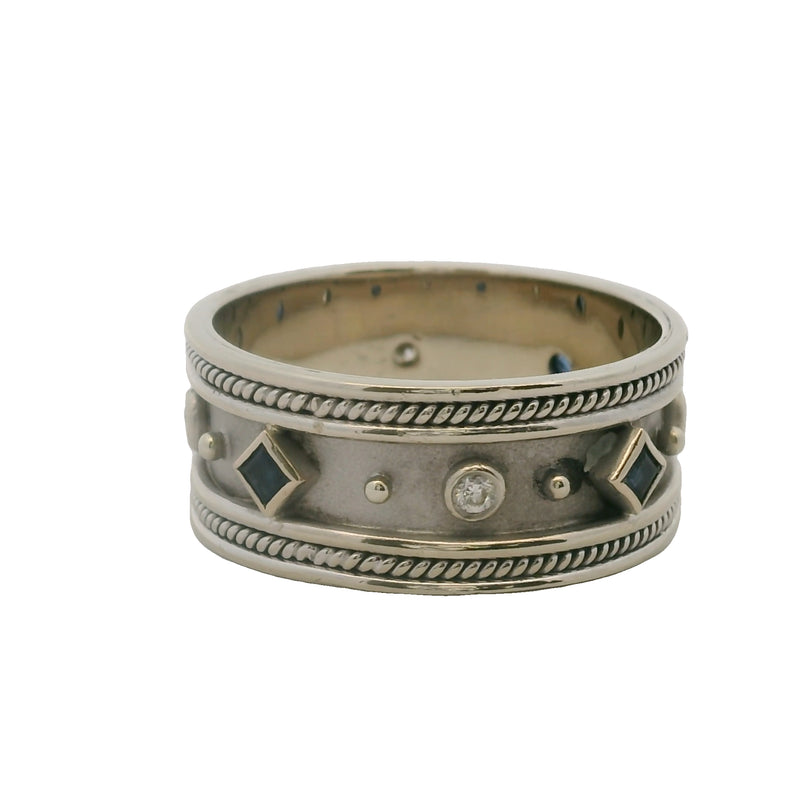 Solid 14kt White Gold Diamond and Sapphire 10mm Wide Rope Detail Band Ring Size 11