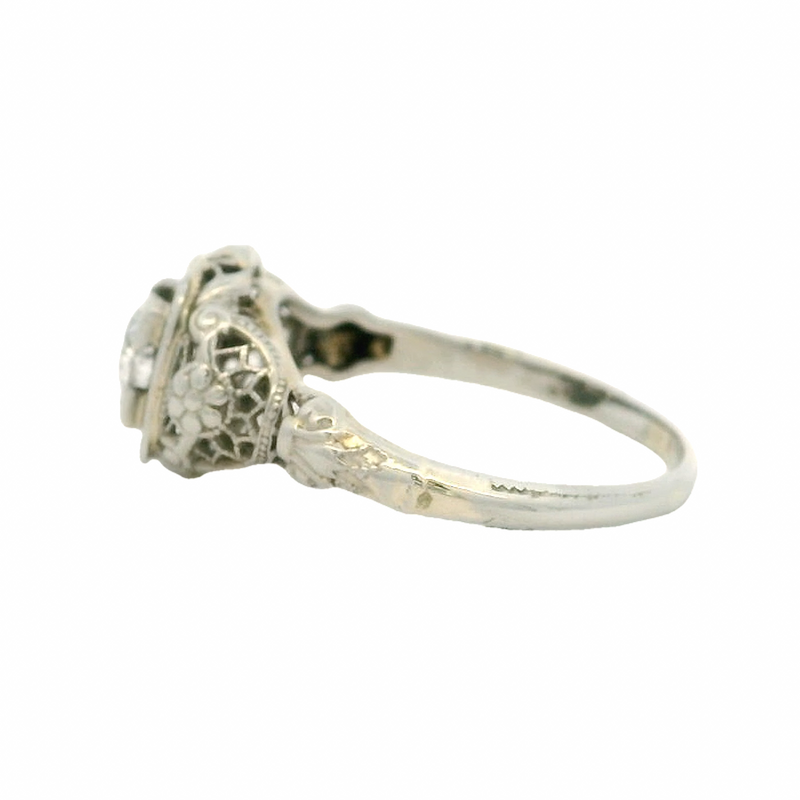 Antique 1910-20s Solid 18kt White Gold and Transitional Cut Diamond Solitaire Filigree Ring with Small Floral Details Size 7