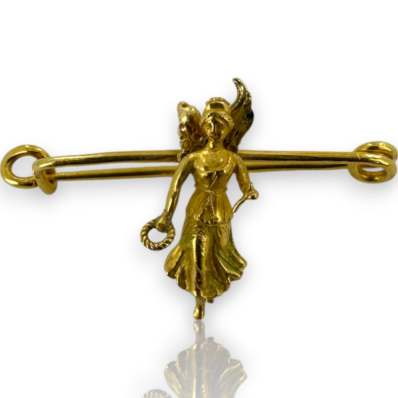 Vintage Solid 18kt Gold Safety/Diaper Pin with Angel of Protection Holding Wreath and Knife