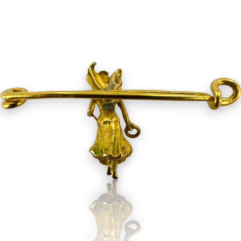 Vintage Solid 18kt Gold Safety/Diaper Pin with Angel of Protection Holding Wreath and Knife