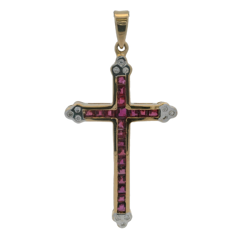 Solid 18kt Yellow Gold And Natural Ruby 1.6" Long Cross Pendant With Diamond Accents