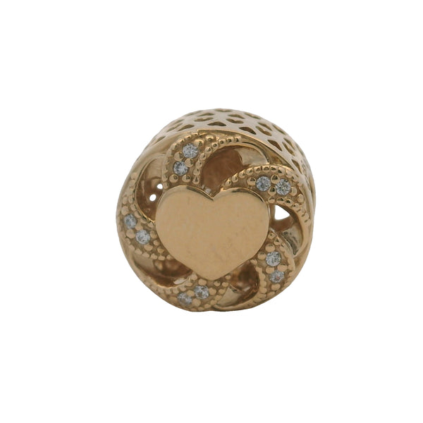 Charm deslizante con espaciador de corazón en forma de cinta de Pandora en oro amarillo sólido de 14 kt y circonitas cúbicas