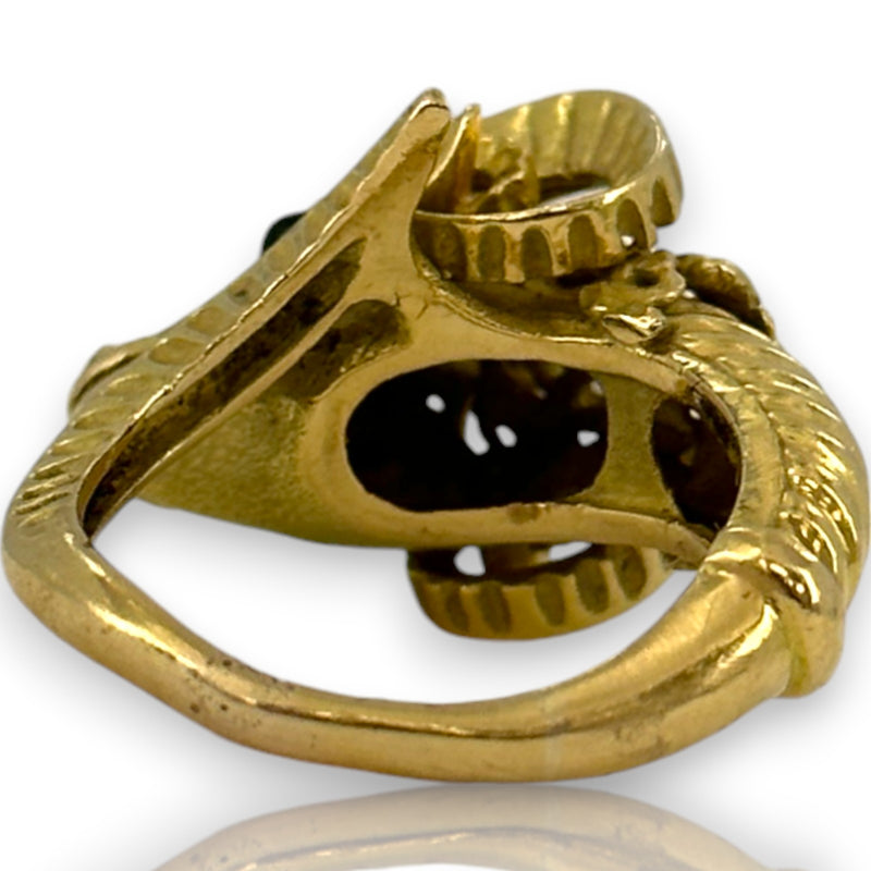 Vintage 1980s Solid 18kt Yellow Gold Detailed Ram's Head Ring with Diamond Horns and Onyx Eyes Size 6