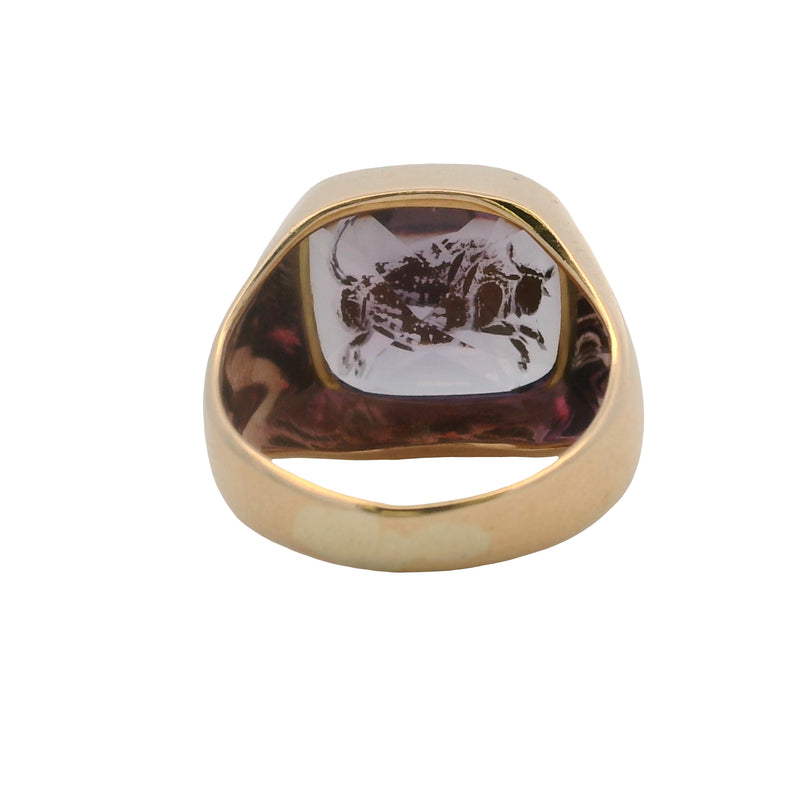 Vintage 1970-80s 14kt Yellow Gold Amethyst and Gold Enamel Bull Taurus Signet Ring Size 3.5