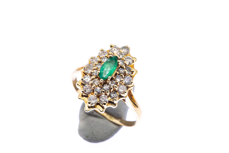 Natural Emerald & Diamond Halo Cluster Cocktail 14K 585 Yellow Gold Ring Size 7