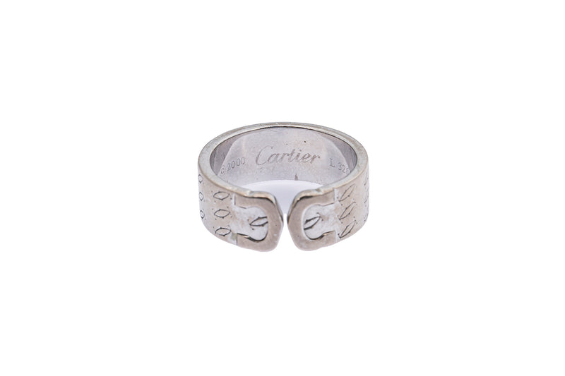 Vintage Cartier Double C Logo Monogram Band 18K 750 White Gold Ring Size 7 1/2