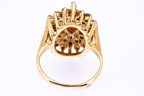 Vintage 1950-70s Natural Ruby Baguette Diamond Cocktail Cluster 14K 585 Yellow Gold Ring Sz 4 3/4