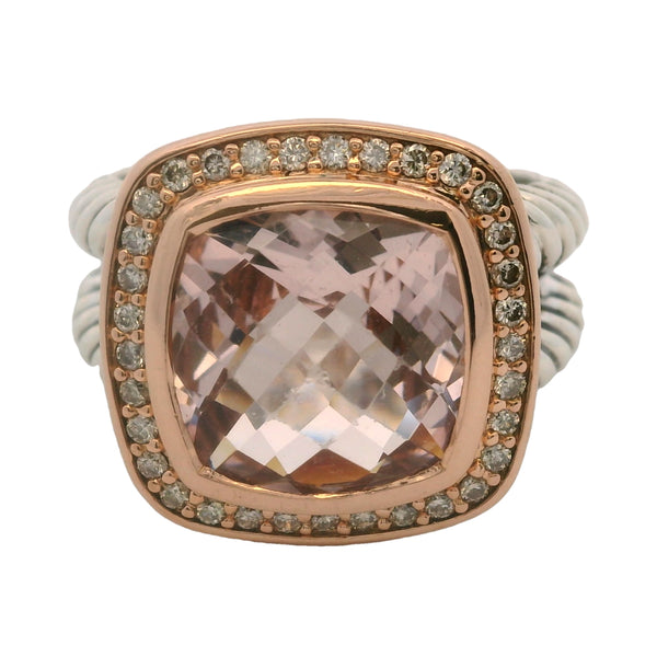 David Yurman 925 Silver/18kt Rose Gold Morganite and Diamond Halo Albion Cable Ring Size 7