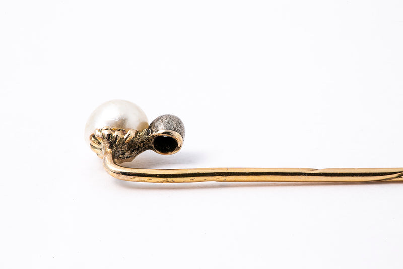 Antique Natural Pearl & Diamond Lapel Pin 14K 585 Yellow & White Gold Brooch