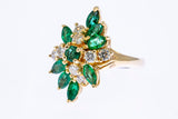 Vintage 1950-70s Diamond & Marquise Emerald Cocktail Cluster 14K 585 Yellow Gold Ring Size 7