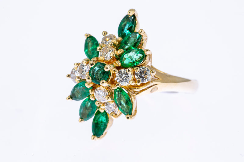 Vintage 1950-70s Diamond & Marquise Emerald Cocktail Cluster 14K 585 Yellow Gold Ring Size 7