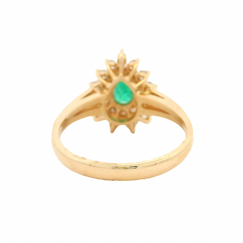 Vintage Solid 14kt Yellow Gold Pear-Cut Emerald Cocktail Ring with Double Halo of Diamonds Size 6