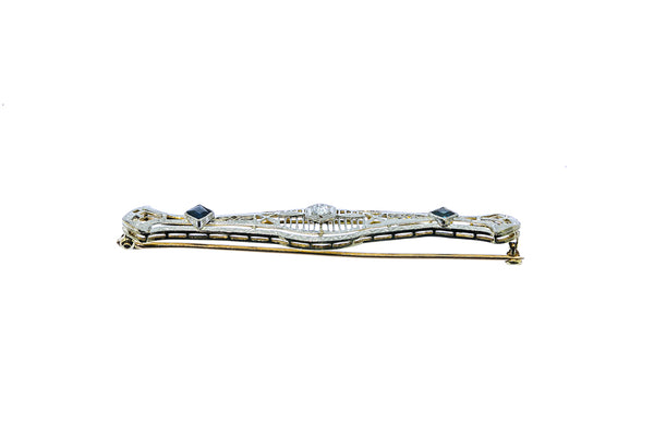 Antique 1920s Art Deco Diamond & Sapphire Filigree 2.5" Solid 14K 585 White & Yellow Gold Brooch