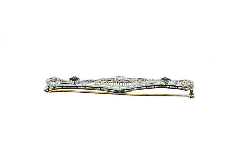 Antique 1920s Art Deco Diamond & Sapphire Filigree 2.5" Solid 14K 585 White & Yellow Gold Brooch