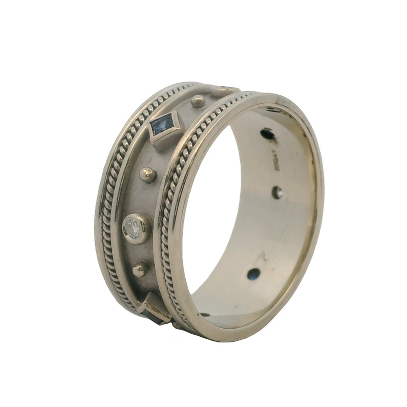 Solid 14kt White Gold Diamond and Sapphire 10mm Wide Rope Detail Band Ring Size 11