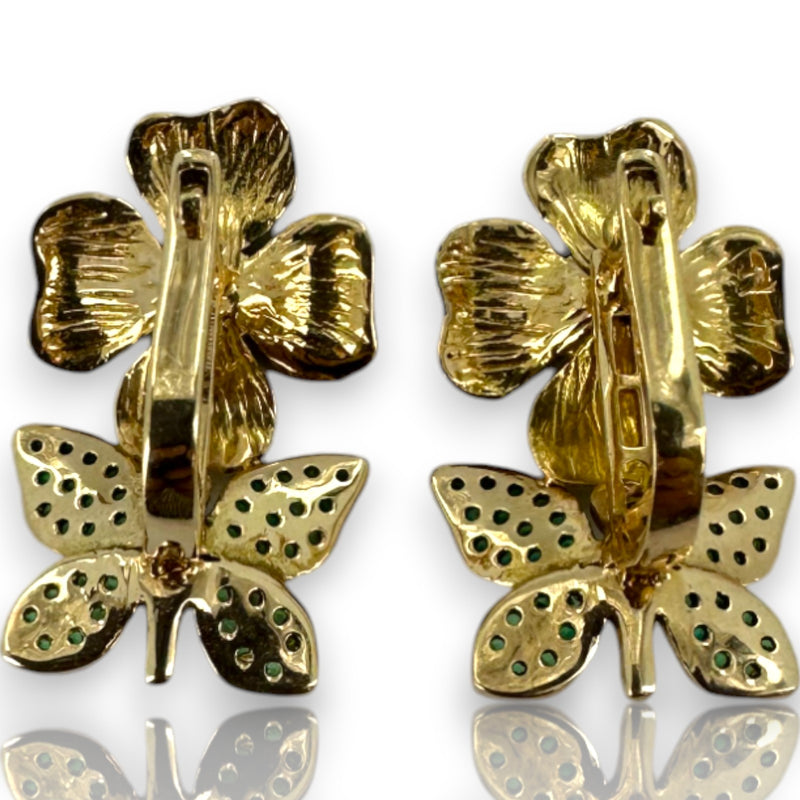 14kt Solid Yellow Gold Flower and Green Butterfly Snap Closure Stud Earrings with CZ Cubic Zirconia Stones