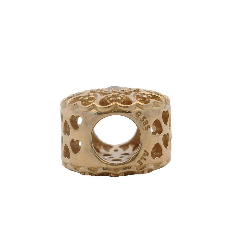 Charm espaciador de flor redonda "Corazones de Oro" de Pandora Shine en oro amarillo macizo de 14 kt y circonitas cúbicas