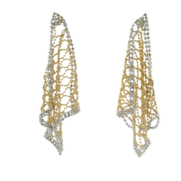 Vintage Italian Solid 18kt Yellow and White Gold Net Fabric Woven Long Drop/Dangle Earrings