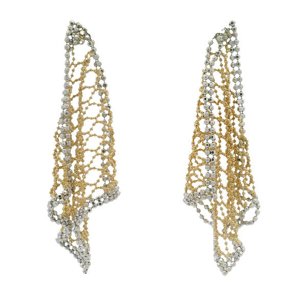 Vintage Italian Solid 18kt Yellow and White Gold Net Fabric Woven Long Drop/Dangle Earrings