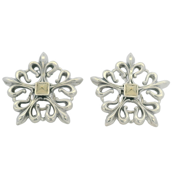 Vintage Lagos Caviar 925 Sterling Silver and 18kt Yellow Gold Fleur De Lis Omega-Back Earrings