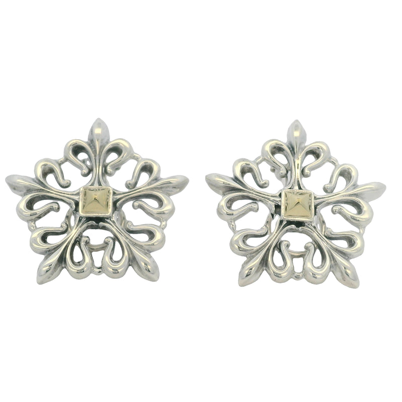 Vintage Lagos Caviar 925 Sterling Silver and 18kt Yellow Gold Fleur De Lis Omega-Back Earrings