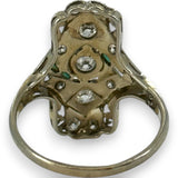 1920s Art Deco Era Solid 18kt 23.5mm Long Antique Cut Diamond Dinner Ring with 2 Heart Settings and Emerald Accents Size 10