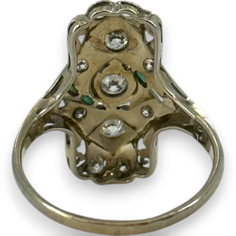 1920s Art Deco Era Solid 18kt 23.5mm Long Antique Cut Diamond Dinner Ring with 2 Heart Settings and Emerald Accents Size 10