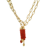 Vintage Solid 18kt Yellow Gold Multi-Chain Adjustable Coral Pendant Tassel 20.5" Textured Necklace