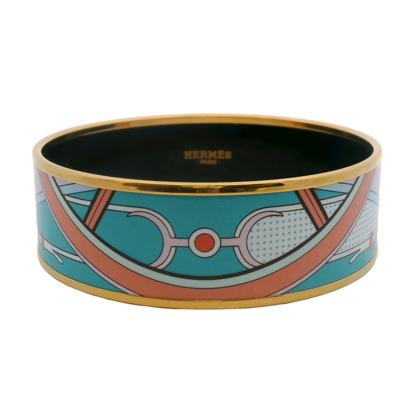 HERMES Yellow Gold Plate and Enamel Washington Carriage 22.5mm Wide Bangle Bracelet