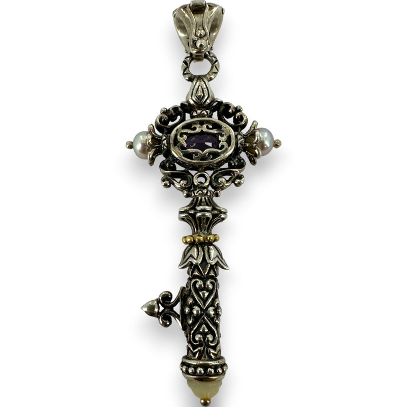 Barbara Bixby 925 Sterling Silver and 18kt Yellow Gold Key Enhancer Pendant with Amethyst, Iolite, and Pearls