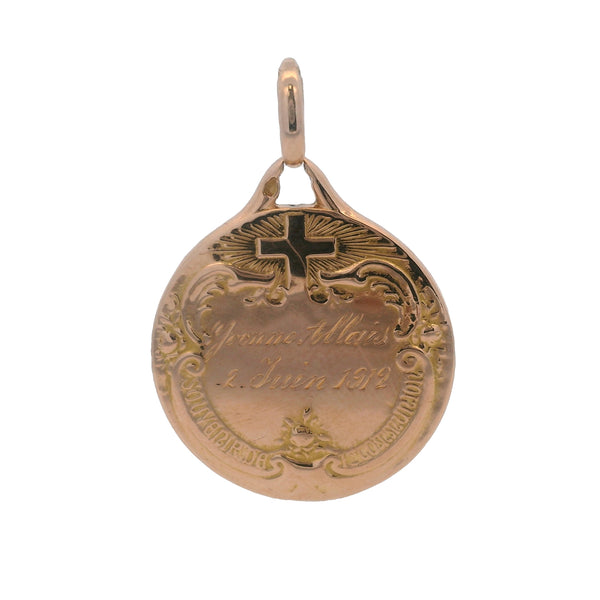 Antique 1912 French Solid 18kt Rose Gold Religious Holy Communion Circle Pendant Engraved