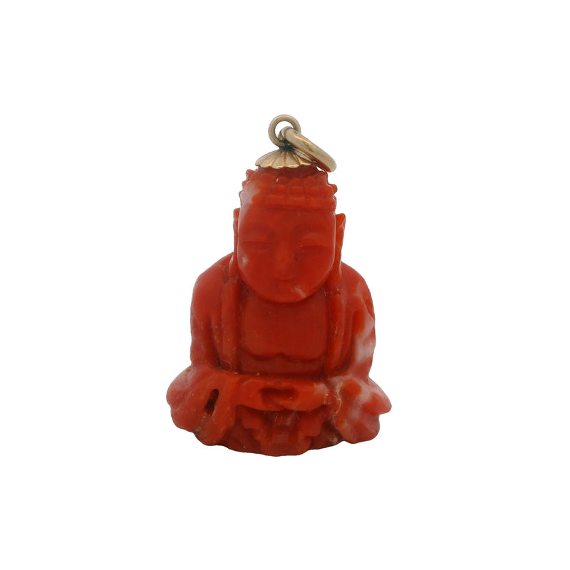 Genuine Carved Coral and 14kt Yellow Gold Meditation Pose Detailed Buddha 1.2" Long Pendant