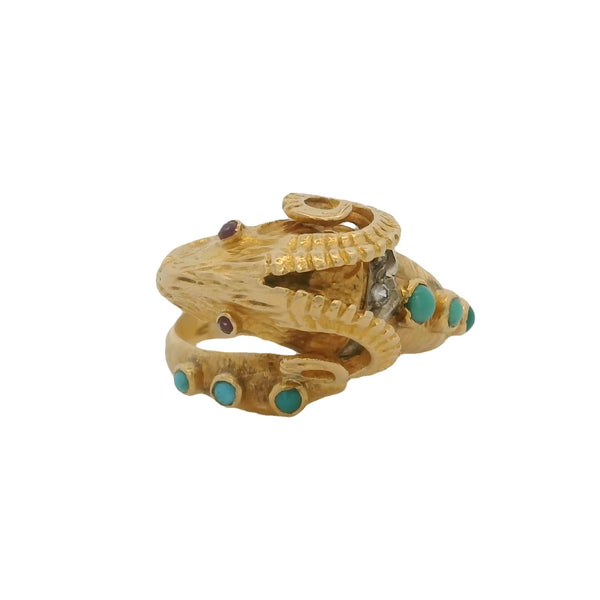 Vintage Solid 18kt Yellow Gold Ram's Head Ring with Turquoise, 3 Diamonds, and Ruby Eyes Size 8