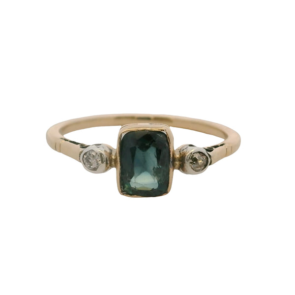 Vintage Handmade 14kt Yellow Gold Sapphire Solitaire Ring With 2 Side Diamonds Size 7.75