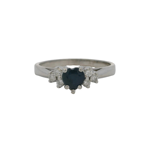 Solid 14kt White Gold Ring with Heart-Shaped Sapphire Solitaire and 6 Accent Diamonds Size 7
