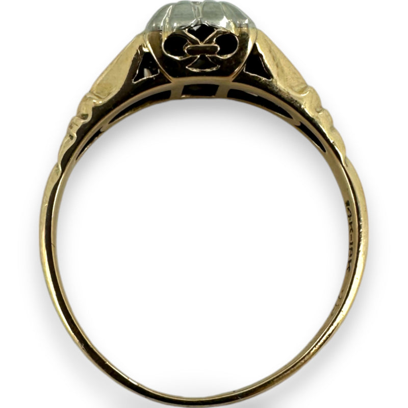 Antique 1930s Art Deco 14kt Yellow and 18kt White Gold Diamond Solitaire Ring with Shoulder Details Size 6.5