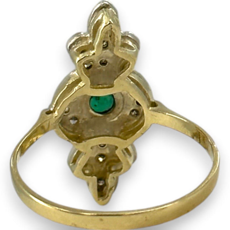 Vintage Art Deco Revival 14kt Yellow and White Gold Diamond and Emerald Dinner Ring Size 9