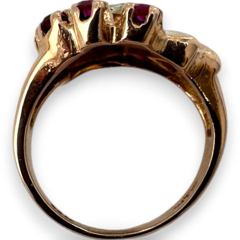 Vintage Retro 1940s Solid 14kt Rose Gold Cocktail Ring with Heart-Set Diamond and Accent Rubies Size 5.25
