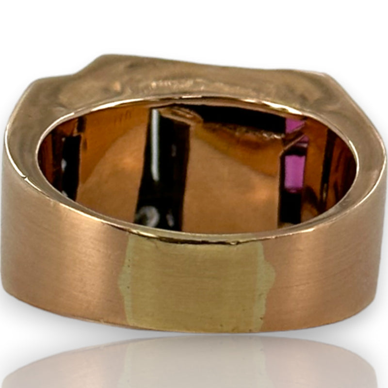Retro Era 1930s 14kt Rose Gold Interlocking Diamond and Lab Ruby Tank Ring