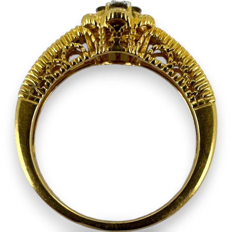 VJS Jewelry Solid 18kt Bright Yellow Gold Filigree Diamond Cluster Flower Ring with Diamond Sides Size 7