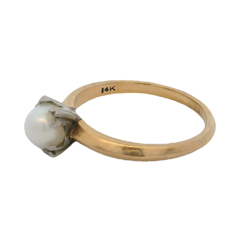 Vintage 1950s Akoya Pearl Solitaire Knife's Edge Ring in 14kt Yellow Gold Size 6.5