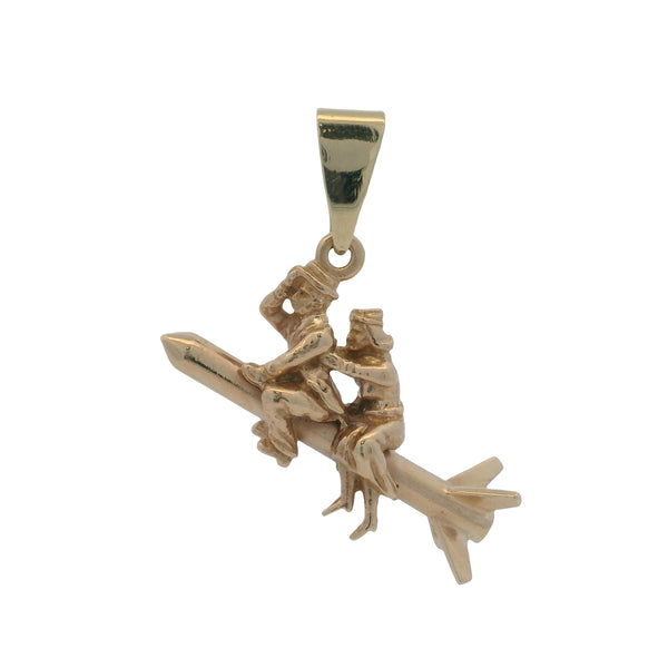 Vintage 1950-60s Solid 14kt Yellow Gold Couple Riding Missile Rocket Charm Pendant