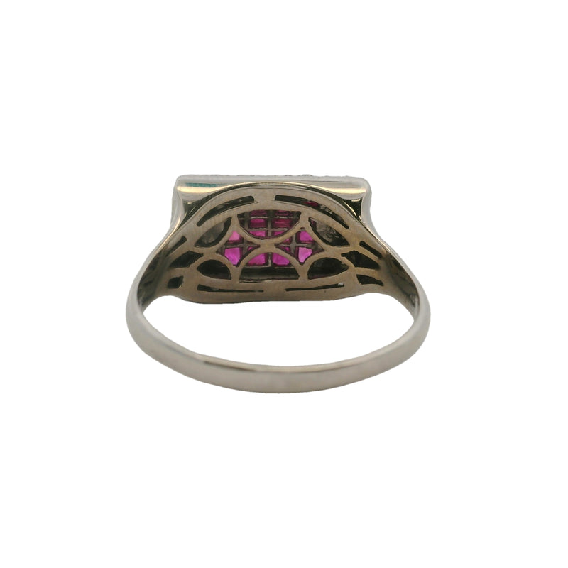 Vintage Solid 18kt White Gold Invisible Setting Lab Ruby Ring With Diamond Halo Size 11.5