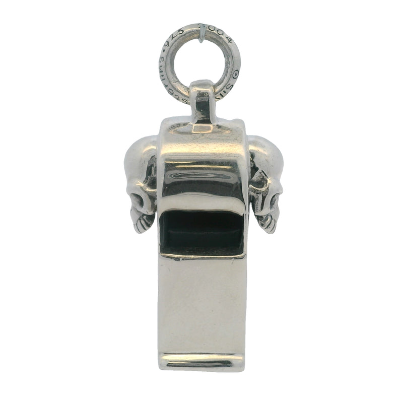 c2004 925 Sterling Silver Large 1.7" Long Whistle With Skulls Gothic Font Necklace Pendant