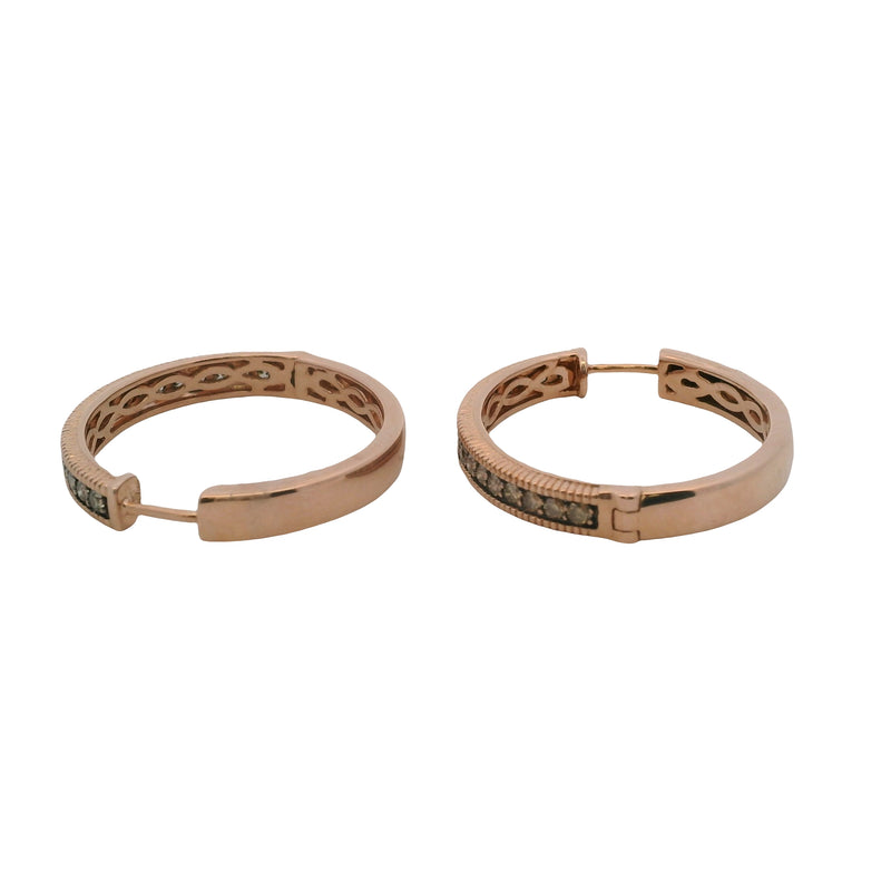 LeVian 14kt Rose Gold and Brown Diamonds Milgrain 1" Diameter Hoop Earrings